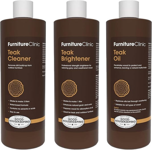 Furniture Clinic Teak Care Kit | For Teak Outdoor Wood Patio Furniture | Clean, Brighten, Nourish, and Protect Treated and Untreated Wood | Contains Cleaner, Brightener, & Oil