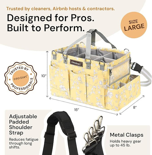 FifthStart Multiuse Cleaning Caddy - Diaper Caddy with Waist, Shoulder Strap, 9 Pockets, Mesh Base & Adjustable Compartments - Cleaning Supplies Organizer (Yellow Floral, Large)