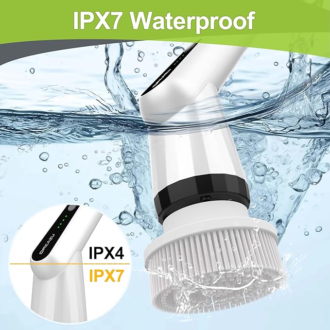 Electric Scrubber Brush, IPX7 Electric Scrubber for Shower, Electric Cleaning Brush Scrubber with 7 Replaceable Brush Heads & Retractable Handle, 2-Speed Adjustable Spin Cleaning Brush