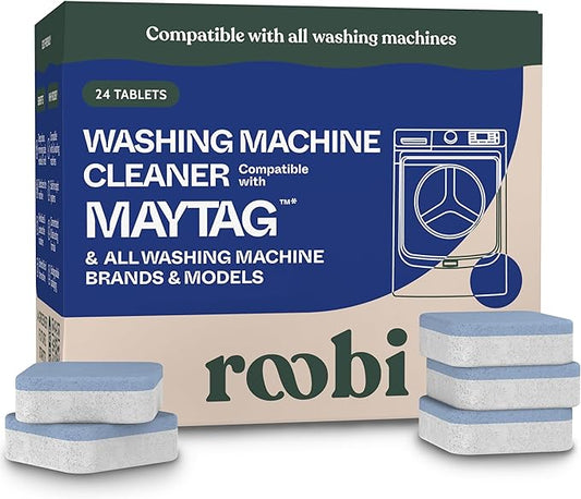 Roobi Washing Machine Cleaner Tablets. Compatible with Maytag and All Washing Machine Brands and Models. Septic Safe Deep Clean Formula. Carbon-Neutral 24-Pack Cleaning Tablets.