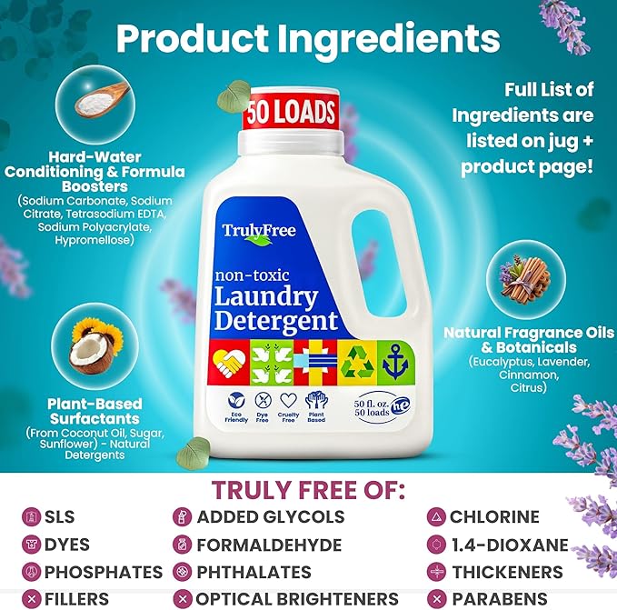 Truly Free Natural Laundry Detergent for Sensitive Skin | Eco Friendly, Plant Based, Baby Clothes Safe | Clean & Easy Powder to Liquid, 1 Pack Detergent + 1 Refillable Jug | Signature Scent, 50 Loads