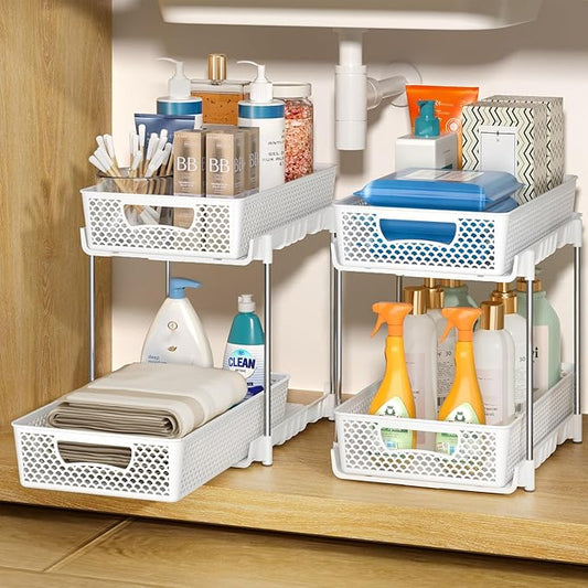 2 Pack Pull Out Bathroom Organizers and Storage, 2 Tier Stackable Under Sink Storage Organizer for Bathroom, Kitchen Cabinet, Pantry, and Medicine Holder, Organization and Storage - White