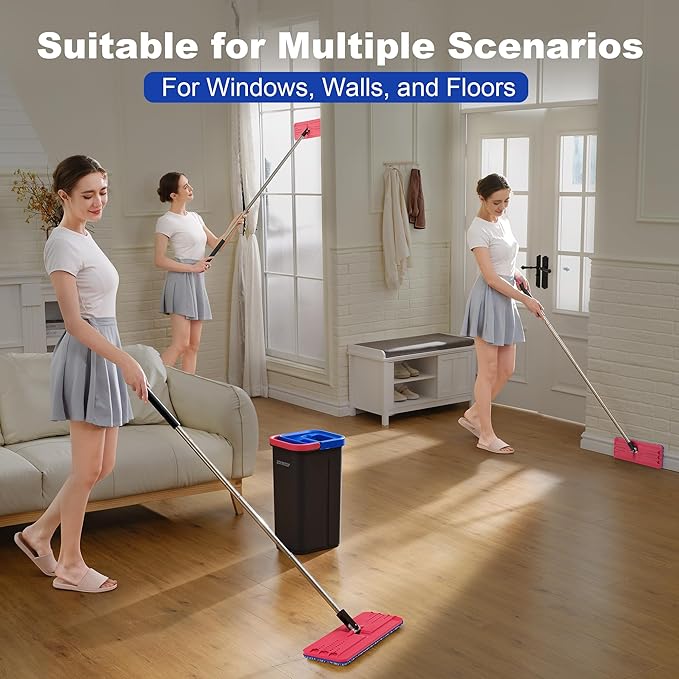 JOYMOOP Microfiber Flat Mop and Bucket System, Mops for Floor Cleaning and Wall Cleaner, Hardwood, Tile, Laminate, Vinyl Floors, Smooth Walls, and Glass Windows - 60" Flat Mop+5 Microfiber Pads[Black]