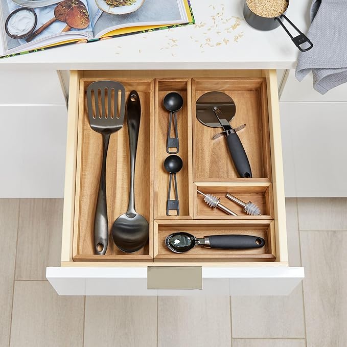 iDesign Acacia Wood Narrow Kitchen Drawer Organizer - Set of 3 - Natural