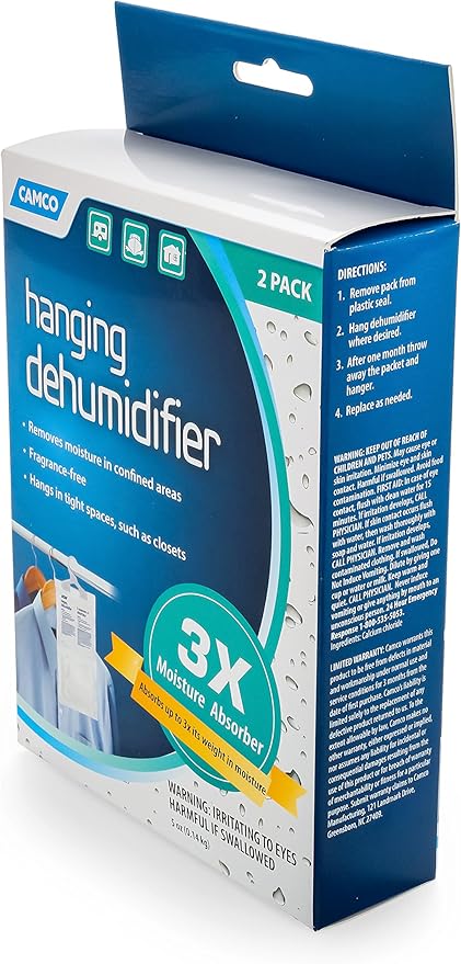 Camco 44286 Fragrance Free Hanging Dehumidifier-Convenient Hook Absorbs up to 3x Its Weight in Water, Reduces Moisture and Humidity in Closets and Tightly Confined Spaces, 2 Pack