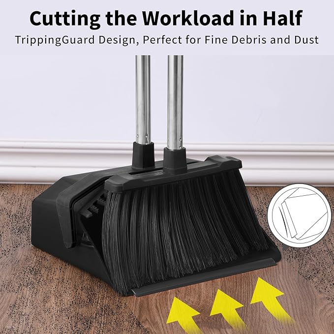 3-Pack Upright Broom with Dustpan Combo Set, Commercial Broom and Dustpan Set, Industrial Brooms and Dust Pan with Long Handle for Restaurant Kitchen Shop Warehouse Lobby Garage - Black