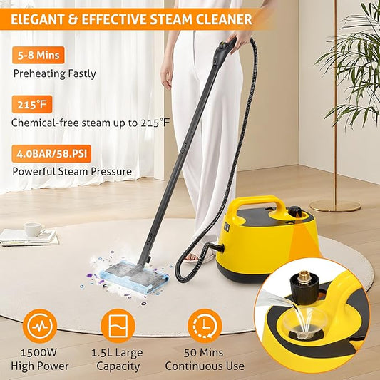 WICHEMI Steam Cleaner with Extension Pole, 51 oz, Steam Cleaner for Home, Adjustable Steam Pressure, 26 Accessories, Handheld Steam Cleaner for Walls, Gaps, Hard Floors, and Tiles