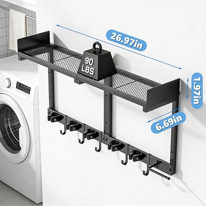 Broom Holder Wall Mount, 27" Large Mop and Broom Organizer Wall Hanging with Top Storage Shelf & Vacuum Hook, Heavy Duty Iron Utility Rack for Laundry Room, Garage, Kitchen, Garden - Black