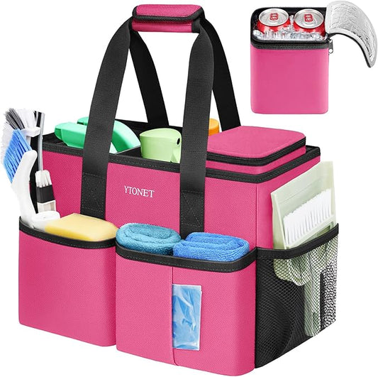 Ytonet Cleaning Caddy, Water Resistant Cleaning Supplies Organizer with Handle & Foldable Divider for Cleaners, Housekeeping Tote for Kitchen & Bathroom, Car Tool Caddy Organizer Bag, Rosered