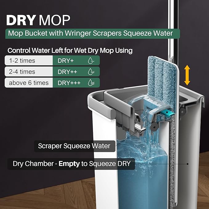 JOYMOOP Mop and Bucket with Wringer Set, Hands Free Flat Floor Mop and Bucket, 60" Mop with 4 Reusable Microfiber Pads, Wet and Dry Use, Floor Cleaning System