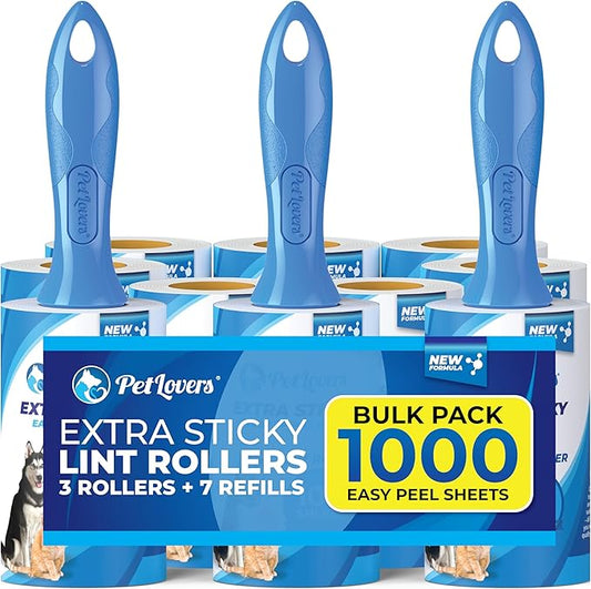 PetLovers Extra Sticky Lint Roller Mega Value Set 1000 Sheets for Pet Hair Removal, Dog and Cat Lint Remover 10 Pack