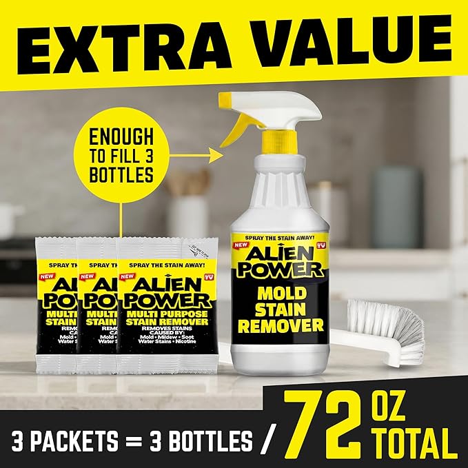 Alien Power Stain Remover Spray for Mold & Mildew, for Bathroom & Household Surfaces, All Purpose No-Scrub Cleaner for Tiles, Wall, Grout & Washing Machines - 3 Packet Set (Makes 72 Fl Oz)
