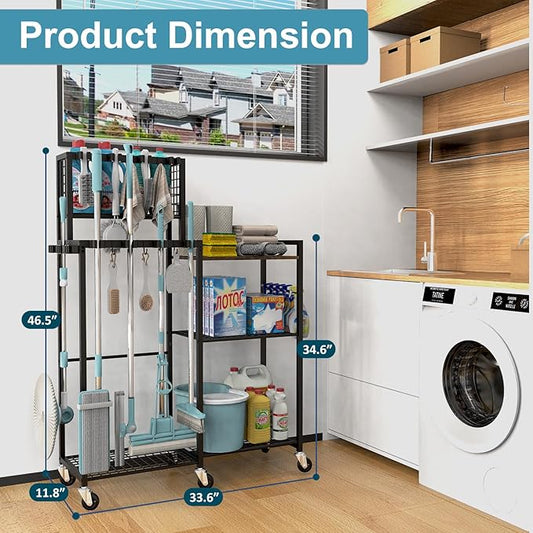 Broom Holder with Cleaning Supplies Organizer, Cleaning Cart with Broom Hanger, Broom and Mop Holder with Wheels,11 Mop Hanger Grippers & 6 Hooks, Broom Organizer for Laundry, Garage, Tool Room
