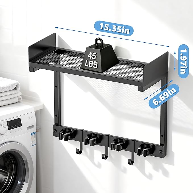 Heavy Duty Broom Holder Wall Mount with Grid Shelf, 4 Adjustable Hooks | All-in-One Cleaning Supplies Organizer for Laundry Room, Garage, Kitchen Storage