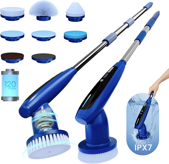 8-in-1 Electric Spin Scrubber, Fully Waterproof Cordless Power Cleaning Brush with LED Display, 2 Speed Settings, Extension Handle for Bathroom, Tubs, Shower, Kitchen, Tile, Sinks, Car, Floor