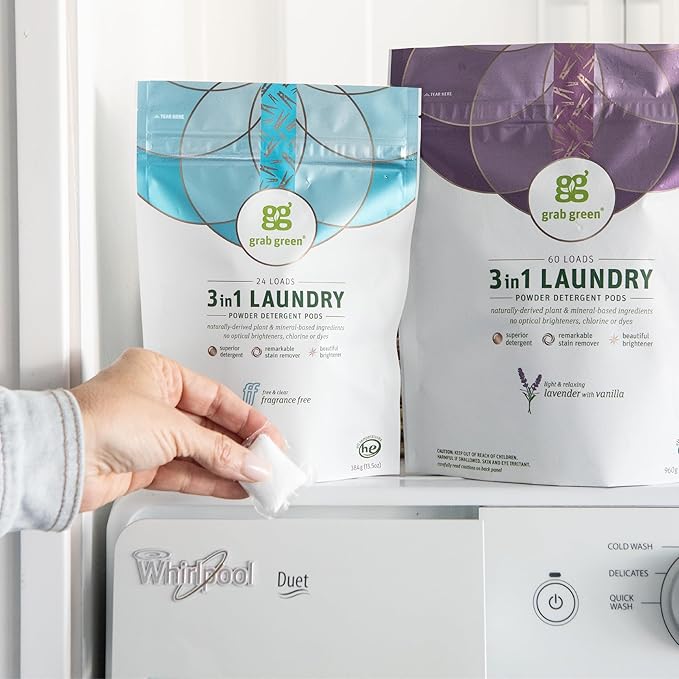 Grab Green 3-in-1 Laundry Detergent Pods, 60 Count, Lavender Vanilla Scent, Plant and Mineral Based, Superior Cleaning Power, Stain Remover, Brightens Clothes