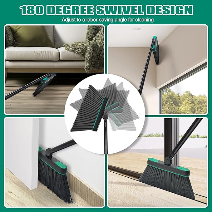 JEHONN Broom and Dust Pan, Upgraded Large Foldable Dustpan with Comb Teeth, 53.5 inches Long Handle Swivel Brush Indoor for Home Kitchen Lobby Floor Cleaning (Green)