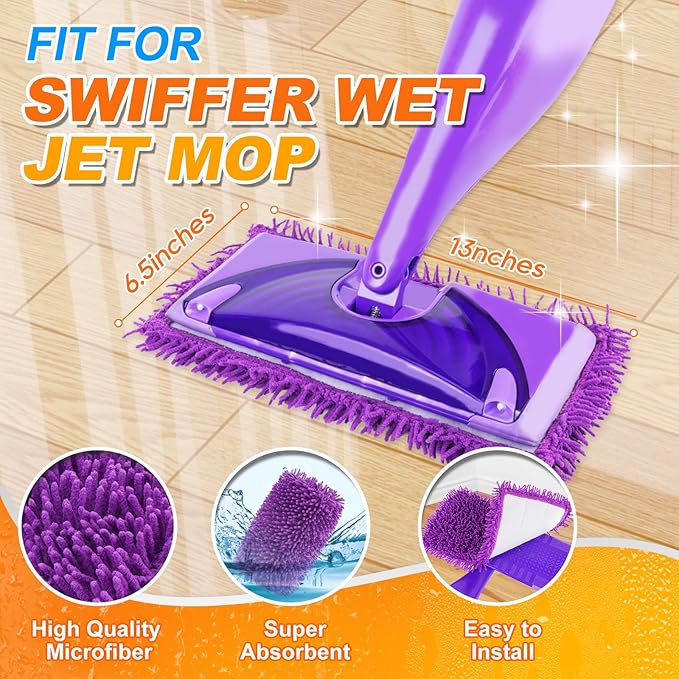 6 Pack Reusable Mop Pads Compatible with Swiffer WetJet Mops, Wet Jet Pads Refills, 12 inch Washable Microfiber Chenilles MopPad for Floor Cleaning Wet Dry Use(Mop is Not Included)