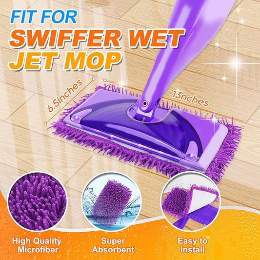 6 Pack Reusable Mop Pads Compatible with Swiffer WetJet Mops, Wet Jet Pads Refills, 12 inch Washable Microfiber Chenilles MopPad for Floor Cleaning Wet Dry Use(Mop is Not Included)