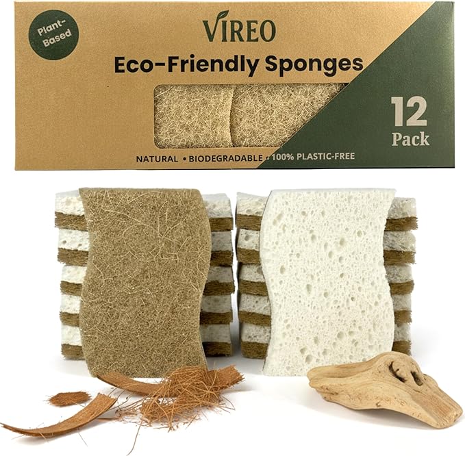 VIREO 12 Pack Eco Sponges – Natural Biodegradable Cellulose & Coconut Fiber Kitchen Scrubbers – Compostable, Odor-Free, Non-Scratch, Zero Waste Sponges for Dishwashing & Cleaning