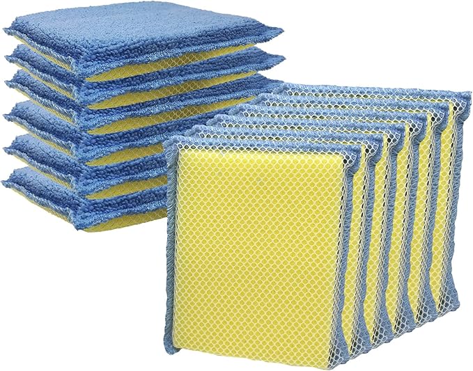 LOLA Microfiber Terry & Nylon Net Sponge Scrubber Pad, 12 Pack, Non Scratch 2-Way Cleaning, Gently Scrubs & Wipes Clean
