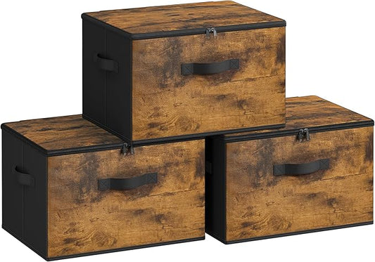 SONGMICS Foldable Storage Organizer Boxes, Set of 3 Storage Basket Bins with Lids, Handles, Clothes Organizer, 15.7 x 11.8 x 9.8 Inches, Non-Woven Fabric, Ink Black URYZ103B01