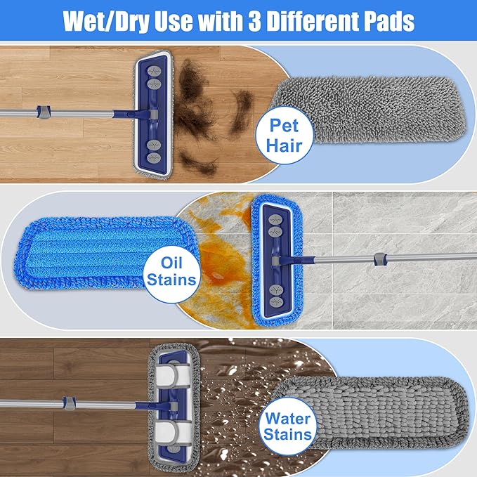 Microfiber Mops for Floor Cleaning - Dust Mop for Hardwood Floors with 55” Adjustable Handle 3 Thickened Washable Pads - Wet Dry Mopping for Pet Hairs Walls Tile Wood Laminate Home Kitchen
