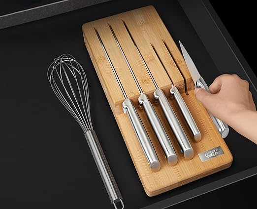 Joseph Joseph Elevate Kitchen Knives 5-piece Japanesse Stainless Steel knife set, in drawer Bamboo Block organizer tray