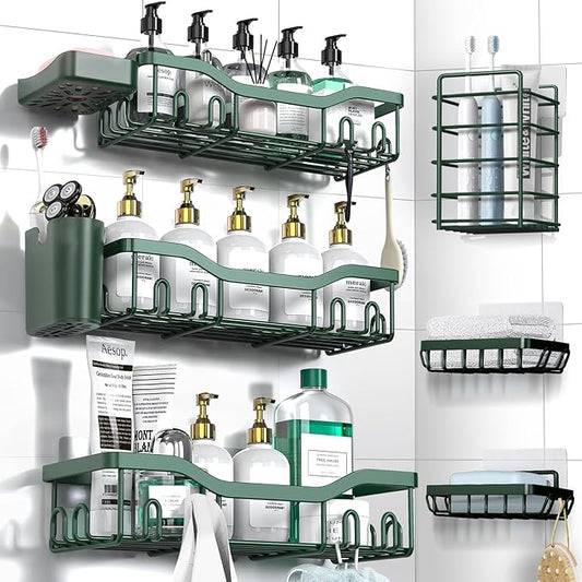 Shower Caddy Adhesive Shower Organizer 8-Pack, Rustproof Stainless Steel Bathroom Shelves, Large Capacity No-Drill Rack Storage Accessories with Soap Dish Toothbrush Holder Hooks