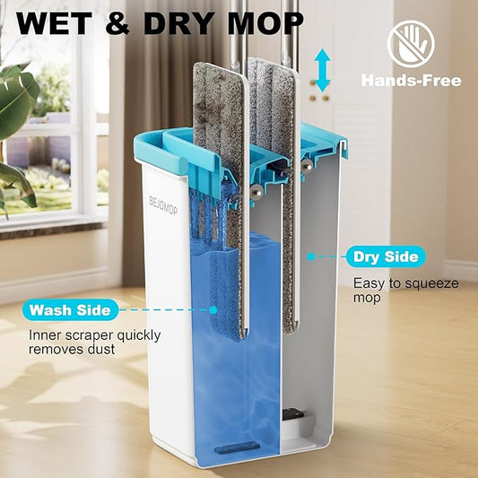 Mop and Bucket Set with Wringer, Turquoise-Cyan Wall Mop Cleaner with Long Handle, Squeeze Flat Mop and Bucket System, Dry & Wet Dust Mop for Household Floor Cleaning with 2 Microfiber Mops