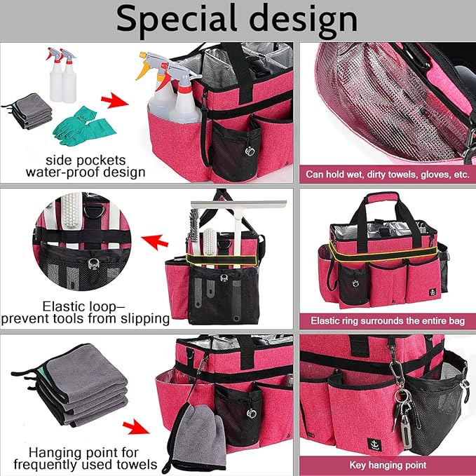 Large Cleaning Caddy Bag Built-in Sturdy Support Board, Cleaning Organizer with Detachable Divider, Cleaning Supply Tote with Adjustable Shoulder Strap&Waist Belt for Cleaners & Housekeeper