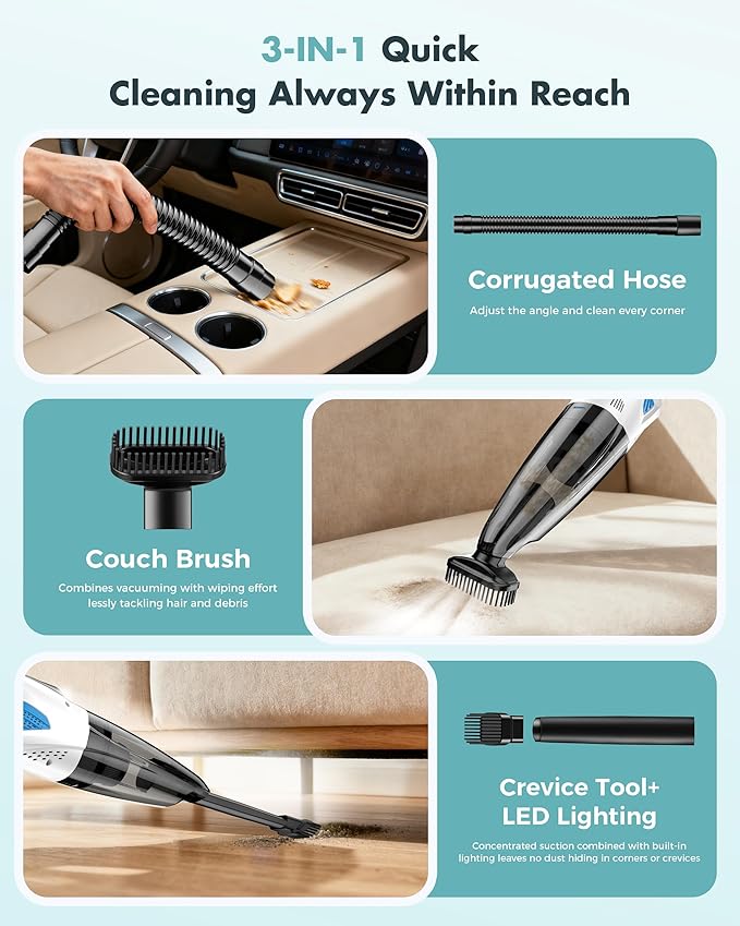 Handheld Vacuum Cordless 25000PA Powerful Suction, Portable Car Vacuum, 3 in 1 Hand Held Vacuum Rechargeable 8000mAh with LED Light, HEPA Filter, Home, Car Seats, Office, Pet Hair Blue+White
