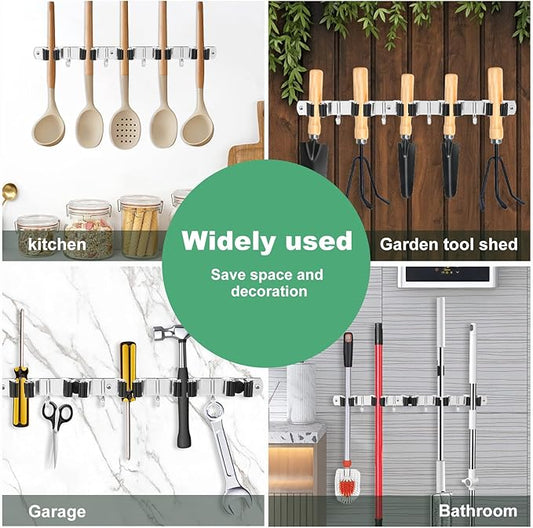 5 Pack Broom Holder Wall Mount 5 Racks 4 Hooks Stainless Steel Broom Mop Holder Anti Slip Storage Rack Strong Load Bearing Waterproof Broom and Mop Organizer Wall Hanging for Bathroom Kitchen Garage