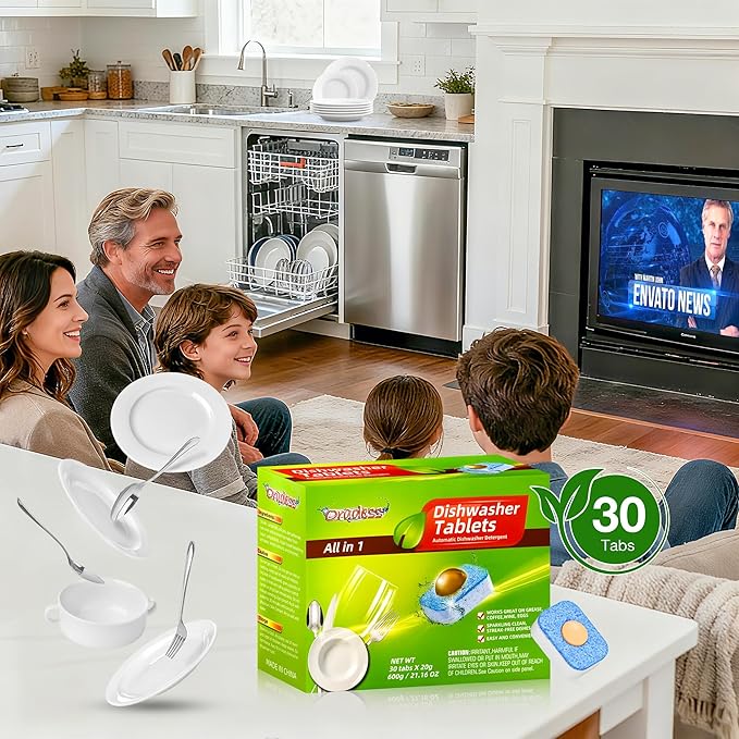 All-in-One Dishwasher Pods - Cleaner Tables No Pre-rinse Cuts Through Tough Grease & Stuck on Food, All Natural Eco-friendly Formula Non-toxic Dishwasher Detergent Gentle Yet Powerful Clean 30 Tabs