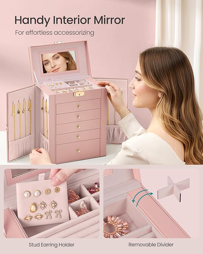 SONGMICS 6-Layer Jewelry Box Organizer with 5 Drawers, Jewelry Storage Case with Lock and Mirror, Large Storage Capacity, Gift for Loved Ones, for Necklaces, Watches, Jelly Pink UJBC152SA02S