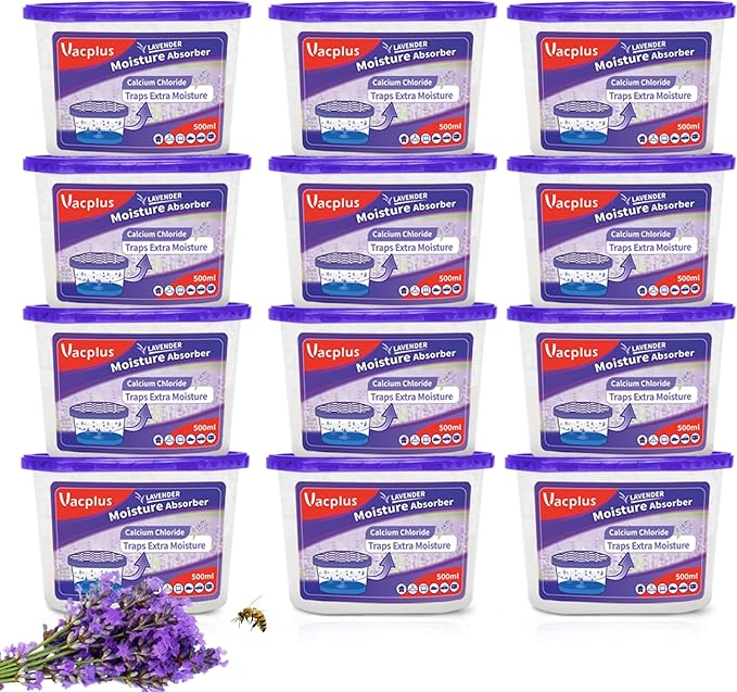 Vacplus Moisture Absorbers, 10.5 Oz Humidity Absorber Boxes Attracts Extra Moisture from Your Bathroom, Closet, Kitchen & Study, Dehumidifier, Odor Eliminator for Closet (Lavender Scent), 12 Packs