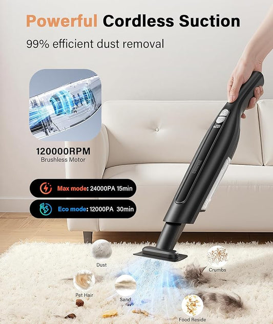 Handheld Vacuum Cordless,24KPA High Power Car Vacuum with Brushless Motor,LED Light,Charging Dock,Rechargeable Hand Held Vacuum Cleaner with Reusable Filter for Car,Home,Office,Pet Pair,Bk