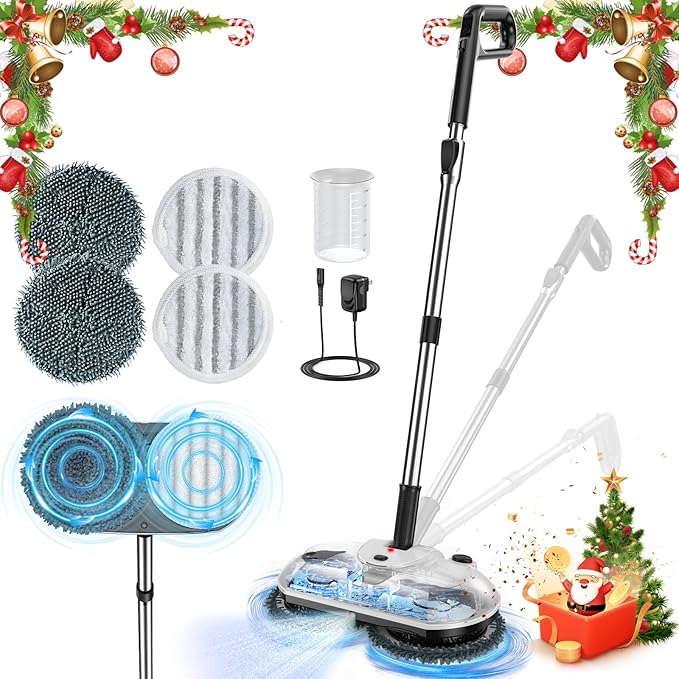 ScrubWiz Cordless Electric Spin Mop with Water Sprayer, Self-Propelled Floor Cleaner for Hardwood & Tile, Quiet Cleaning, Adjustable Handle, 2500mAh Long-Lasting Battery, 300ml Tank, Snow White