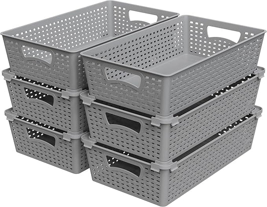 Simple Houseware Stackable Plastic Woven Basket Organizer, 6 Pack, 14.5" x 8.5" x 3.5", Gray