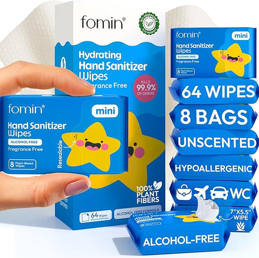 Fomin Mini Hand Sanitizer Wipes 8 Pack (8 Count) - Fragrance Free Mini Wet Wipe - pH Balanced, Biodegradable, Antibacterial On The Go Hand Sanitizing Wipes - Hypoallergenic, Plant-Based Travel Wipe