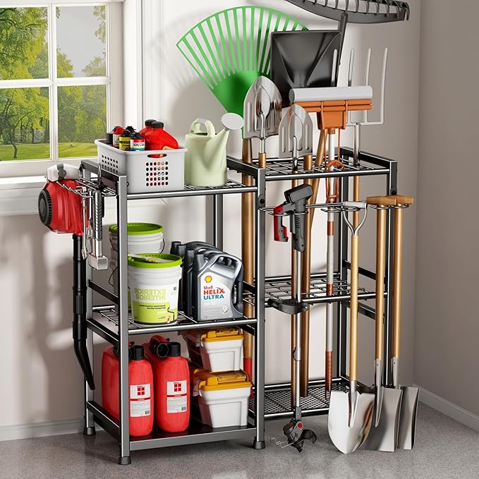 Garden Tool Organizer Storage Metal Yard Tool Organizer Heavy Duty Garden Tool Rack Stand with 2 Extra Hooks, Up To 70 Long Handled Shovels/Rakes/Brooms Holder for Garage,Shed,Outdoor(Black)