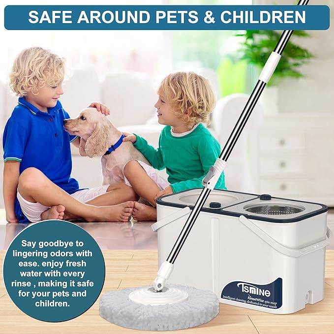 Gen 1 Large-Capacity Spin Mop and Bucket – for Big Homes & Deep Cleaning Days,4-Chamber System Separates Dirty & Clean Water, 2-GAL Heavy-Duty Design with Wheels & 8 Refill Mop Heads - White/Blue