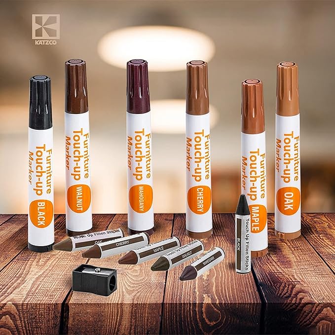 Katzco Set of 34 Wood Markers Furniture Repair Kit - Wood Scratch Repair Markers and Wax Sticks with Sharpener - for Stains, Scratches, Floors, Tables, Desks, Carpenters, Bedposts, Cover-Ups