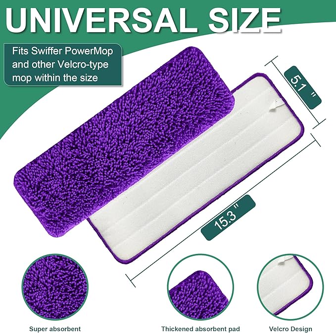 Aifacay Reusable Mop Pad for Swiffer PowerMop, 4 Pack Mop Refill Pads for Swiffer PowerMop Refills Multi-Surface Pads 15" Microfiber Spray Floor Mops Replacements Pad Washable-Purple