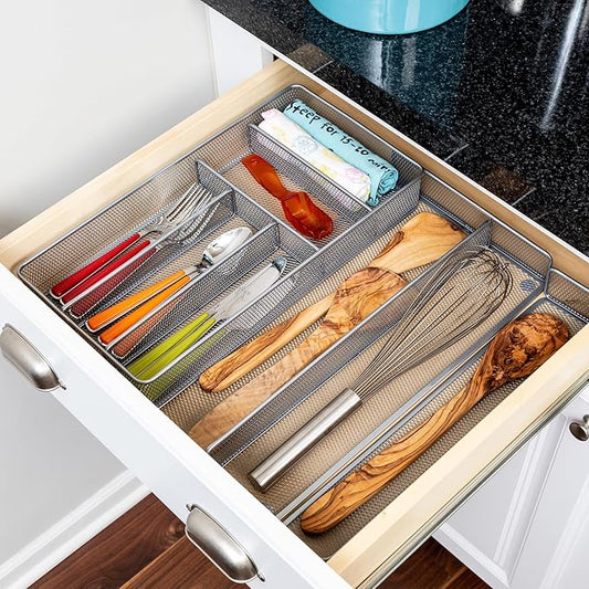Honey-Can-Do KCH-02163 Steel Mesh 7-Compartment Expandable Utility Drawer Organizer, Silver