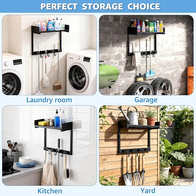 Heavy Duty Broom Holder Wall Mount with Grid Shelf, 4 Adjustable Hooks | All-in-One Cleaning Supplies Organizer for Laundry Room, Garage, Kitchen Storage
