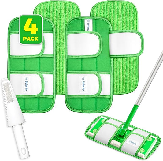 4 Pack Reusable Microfiber Mop Pads, Compatible with Swiffer Sweeper, Machine Washable Cloths, Scraper Included, Refills for All Floor Cleaning, Hook and Loop, Wet Dry - 10"- 12"