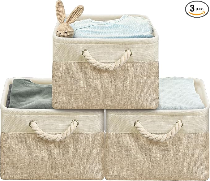 Simple Houseware Large Fabric Storage Bin, 15.7" x 12" with Braided Handles, 3 Pack, Beige