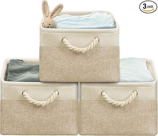 Simple Houseware Large Fabric Storage Bin, 15.7" x 12" with Braided Handles, 3 Pack, Beige