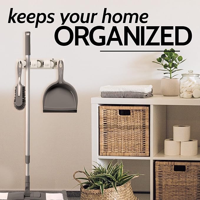 Zulay Home Mop and Broom Organizer Wall Mount - Easy to Install Mop and Broom Holder Wall Mount for Storing Cleaning Supplies - Organizer Utility Racks Mop Holder and Broom Hanger (3 Slots, White)